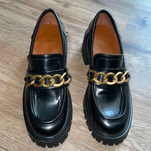 ZARA GOLD CHAIN DETAIL LUG SOLE HEELED LOAFERS Size - 39
